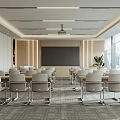 Modern Conference Room Interior With Meeting Tables Chairs Projection Screen Large Windows And Potted Plant