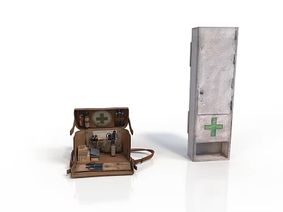 Leather First Aid Kit With Medical Supplies And Green Cross Emergency Box 3d model
