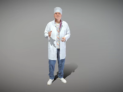 Man In White Doctor Coat With Surgical Cap Standing On Gray Background Smiling 3d model