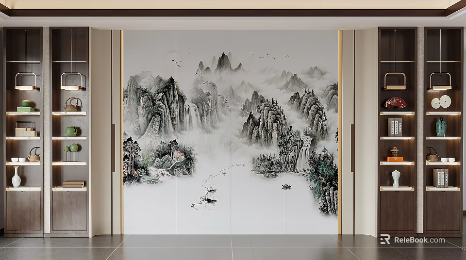 Traditional Chinese Ink Wash Landscape Background Wall With Mountains Boats And Birds 3d model 
