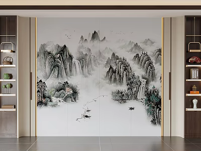 Traditional Chinese Ink Wash Landscape Background Wall With Mountains Boats And Birds 3d model