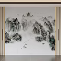 Traditional Chinese Ink Wash Landscape Background Wall With Mountains Boats And Birds