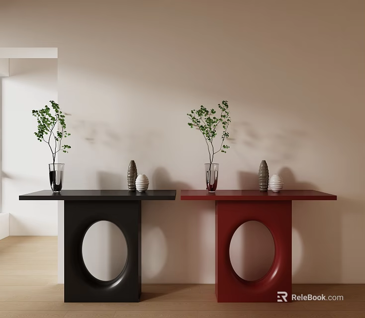 Black And Red Console Tables With Circular Design Green Plants And Decorative Ornaments 3d model 