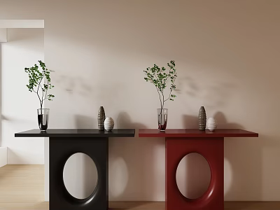Black And Red Console Tables With Circular Design Green Plants And Decorative Ornaments 3d model