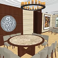 Elegant Restaurant Interior With Round Tables Wooden Chairs Chandeliers Piano TV and Decorative Painting