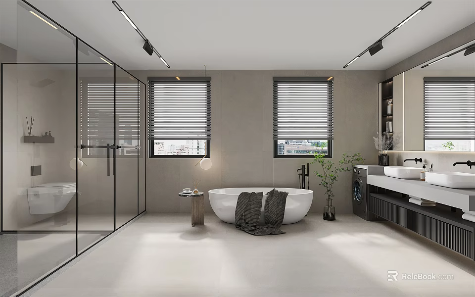 Modern Bathroom with Glass Shower Bathtub Double Sink Gray Walls Blinds Plant and Light Floor 3d model 