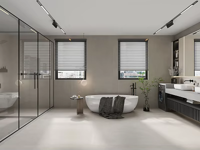 Modern Bathroom with Glass Shower Bathtub Double Sink Gray Walls Blinds Plant and Light Floor 3d model