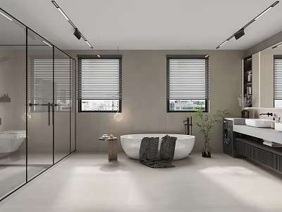 Modern Bathroom with Glass Shower Bathtub Double Sink Gray Walls Blinds Plant and Light Floor 3d model