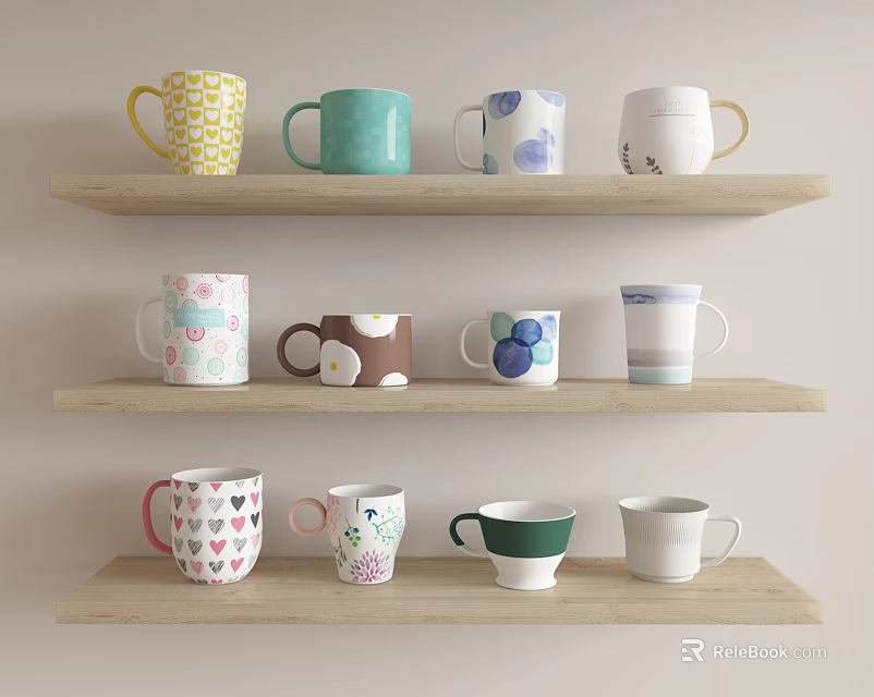 Colorful Mugs With Various Patterns Displayed On Three Wooden Shelves For Home Decor 3d model 