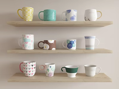 Colorful Mugs With Various Patterns Displayed On Three Wooden Shelves For Home Decor 3d model