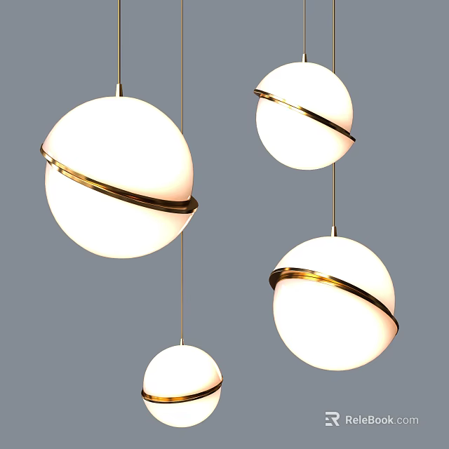 Elegant Hanging Chandeliers With White Spherical Shades And Golden Ring Accents 3d model 