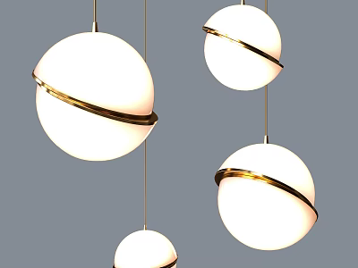Elegant Hanging Chandeliers With White Spherical Shades And Golden Ring Accents 3d model