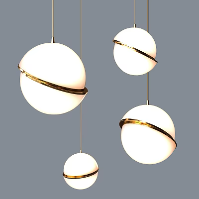 Elegant Hanging Chandeliers With White Spherical Shades And Golden Ring Accents 3d model
