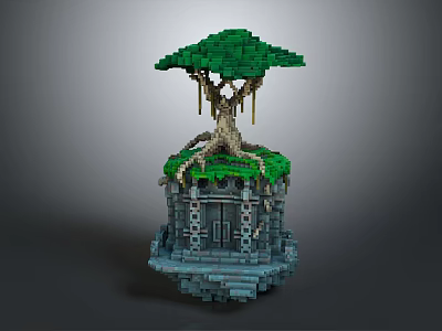 Cartoon Scene Of Block Built Green Tree With Exposed Roots On Miniature Stone Structure 3d model