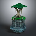Cartoon Scene Of Block Built Green Tree With Exposed Roots On Miniature Stone Structure