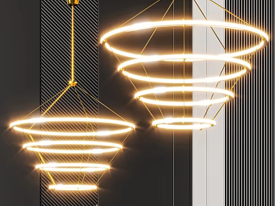 Modern Chandeliers With Multiple Glowing Rings Golden Frames Against Dark And Light Striped Background Walls 3d model
