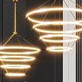 Modern Chandeliers With Multiple Glowing Rings Golden Frames Against Dark And Light Striped Background Walls