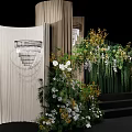 Floral Installation With Green Backdrop White Flowers Wooden Panels And Stage Candle Decor