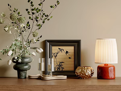 Stylish Decorative Ornament Set With Vase Green Plants Frame And Table Lamp On Wooden Shelf 3d model