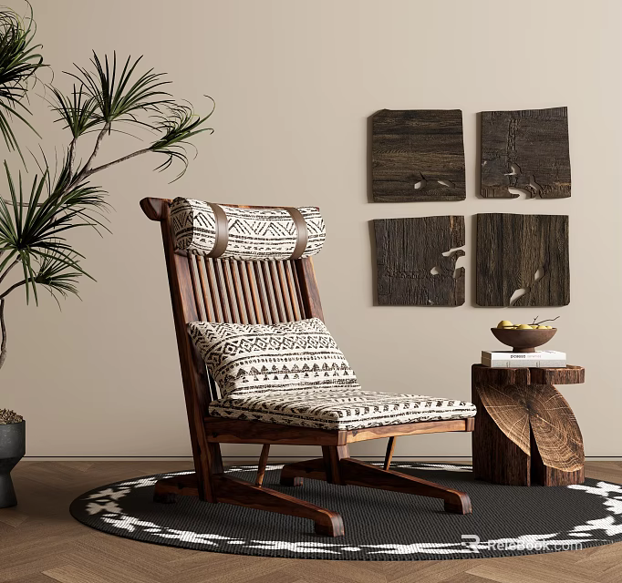 Wooden Leisure Chair with Geometric Cushion and Potted Plant by Wooden Panel Wall Decor 3d model 