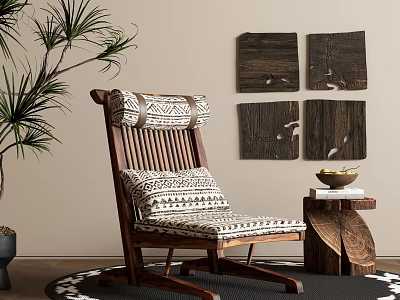 Wooden Leisure Chair with Geometric Cushion and Potted Plant by Wooden Panel Wall Decor 3d model