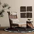 Wooden Leisure Chair with Geometric Cushion and Potted Plant by Wooden Panel Wall Decor