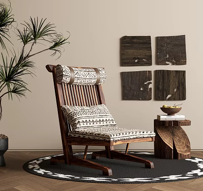 Wooden Leisure Chair with Geometric Cushion and Potted Plant by Wooden Panel Wall Decor 3d model