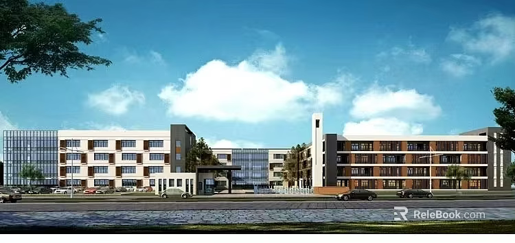 Modern School Building Exterior With Multi Story Structure Glass Windows Green Trees And Blue Sky 3d model 