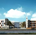 Modern School Building Exterior With Multi Story Structure Glass Windows Green Trees And Blue Sky