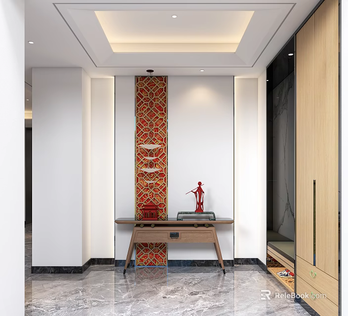Elegant Entryway Design With Red Patterned Wall Golden Decor Pieces And Wooden Console Table 3d model 