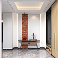 Elegant Entryway Design With Red Patterned Wall Golden Decor Pieces And Wooden Console Table