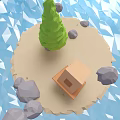 Cartoon Low Poly Island Scene With Small House Green Tree And Stones In Blue Water