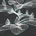 Artistic Botanical Art with Pink Purple Leaves and Teardrop Shaped Structures on Dark Background