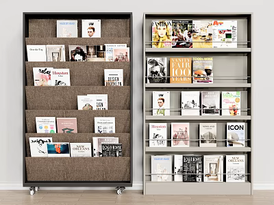 Modern Bookcase With Fabric Storage Pockets And Metal Frame Holding Magazines And Books 3d model