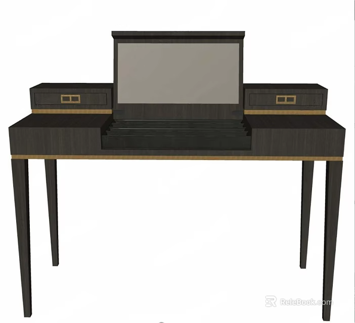 Dark Wooden Desk With Two Side Drawers Gold Handles And Slim Legs 3d model 