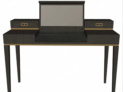Dark Wooden Desk With Two Side Drawers Gold Handles And Slim Legs 3d model