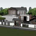 Traditional Modern Homestay Building With Terrace Green Plants Mountain View And Pedestrians