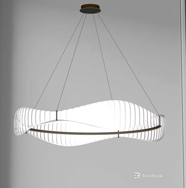 Modern Curved Chandelier With Striped White Shade And Black Metal Frame 3d model 