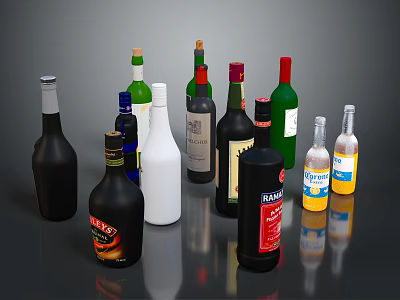 Various Alcohol Beverage Bottles With Different Colors And Designs On 3d model