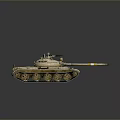 Sand Colored Military Tank With Turret Cannon Tracks Antenna And Yellow White Stripes
