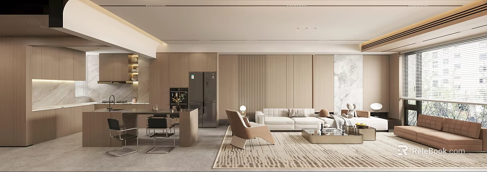 Modern Luxury Living Dining Room Interior With Wooden Walls Sofa And Textured Rug 3d model 