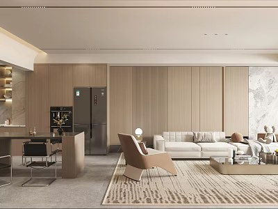 Modern Luxury Living Dining Room Interior With Wooden Walls Sofa And Textured Rug 3d model