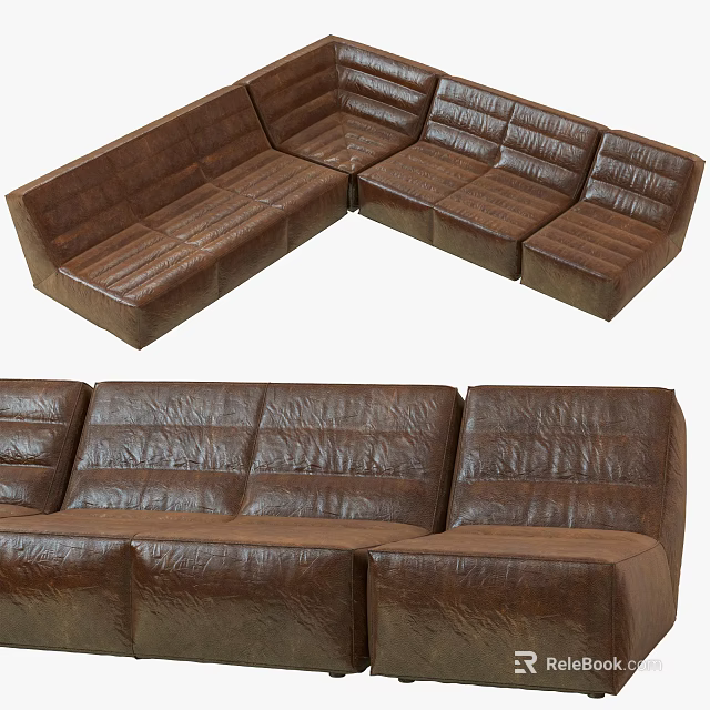 Brown Leather Multi Person Sectional Sofa With Stitched Design And L Shape 3d model