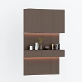 Modern Wooden Balcony Cabinet With Layered Design Open Shelves And Decorative Items