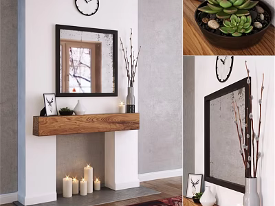 Cozy White Fireplace With Wooden Mantel Mirror Clock Vase Branches And Candles 3d model