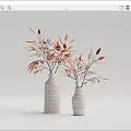 Two white patterned vases with red and beige branches in minimalist home setting