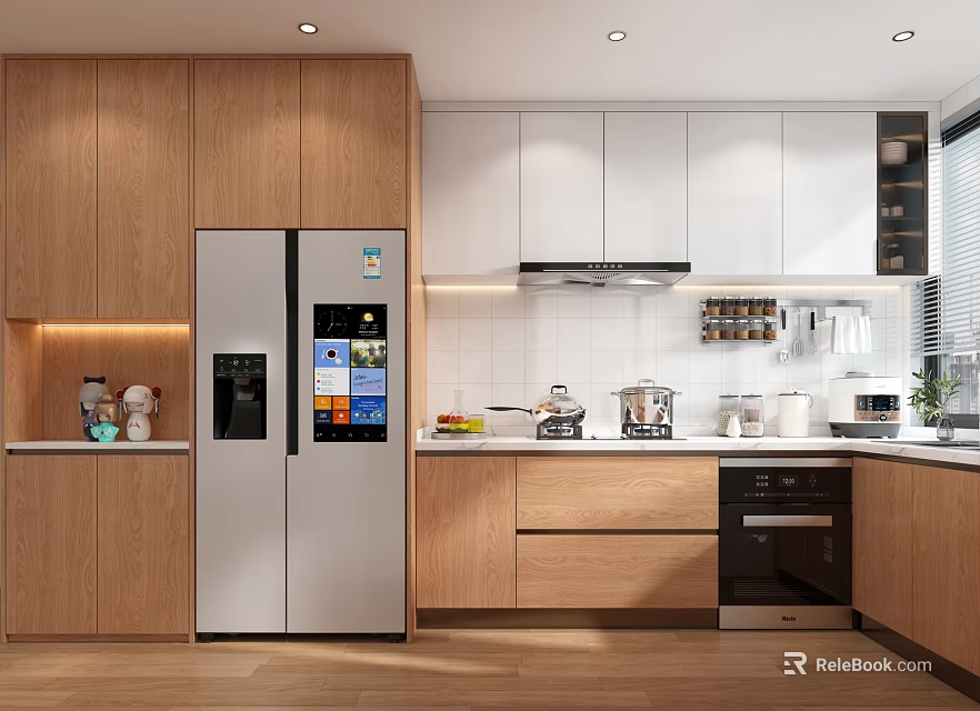 Modern Kitchen Interior With Wooden Cabinets White Upper Cabinets Double Door Refrigerator And Appliances 3d model 