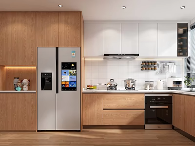 Modern Kitchen Interior With Wooden Cabinets White Upper Cabinets Double Door Refrigerator And Appliances 3d model
