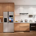 Modern Kitchen Interior With Wooden Cabinets White Upper Cabinets Double Door Refrigerator And Appliances