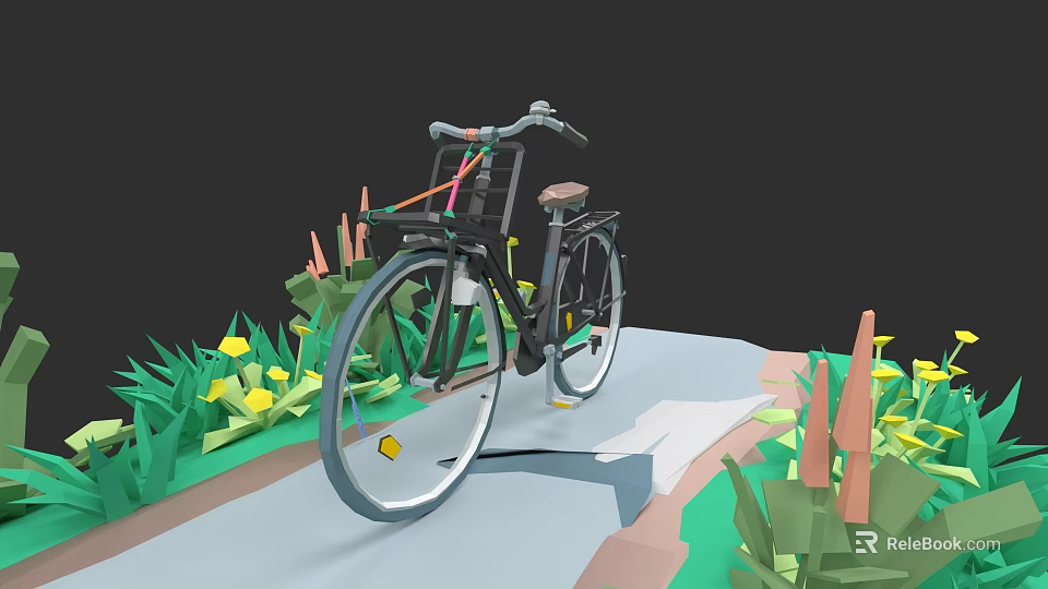 Bicycle Parked On Scenic Path With Green Plants And Yellow Flowers 3d model 
